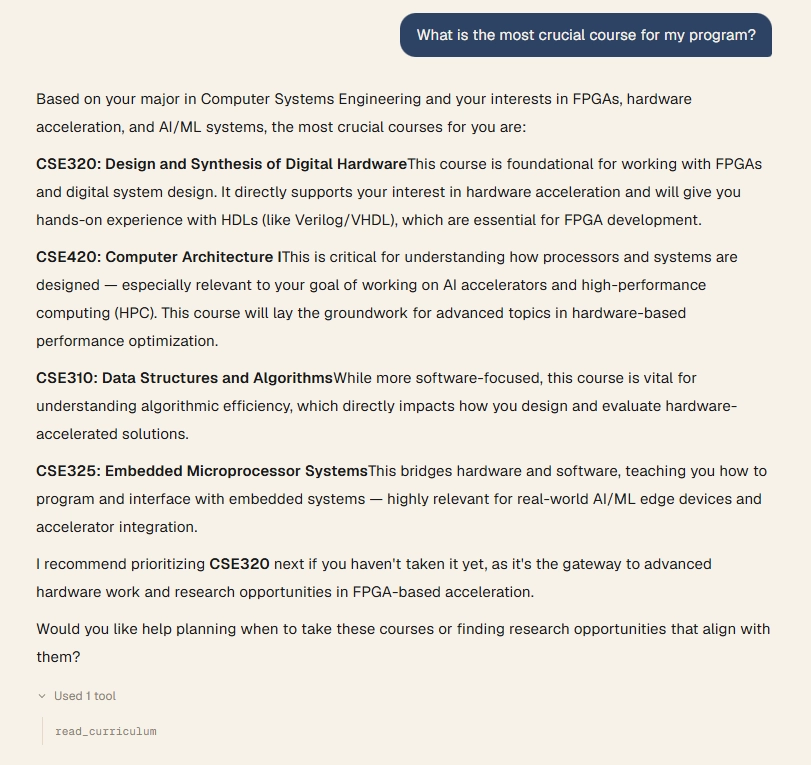 A chat naming which courses matter most, drawn from the student's real curriculum