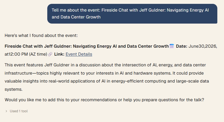 A chat going deeper on one event and offering to prepare questions for it