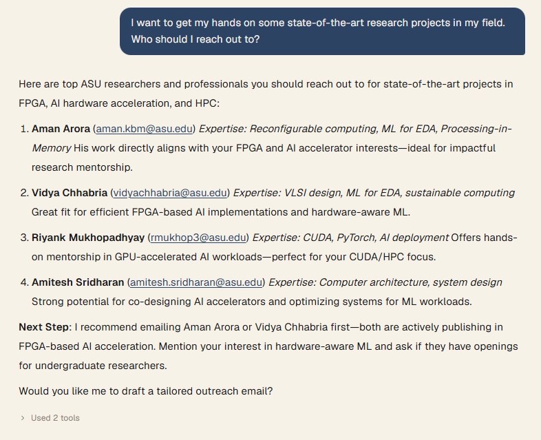 A chat recommending specific ASU researchers, with their expertise and contact details