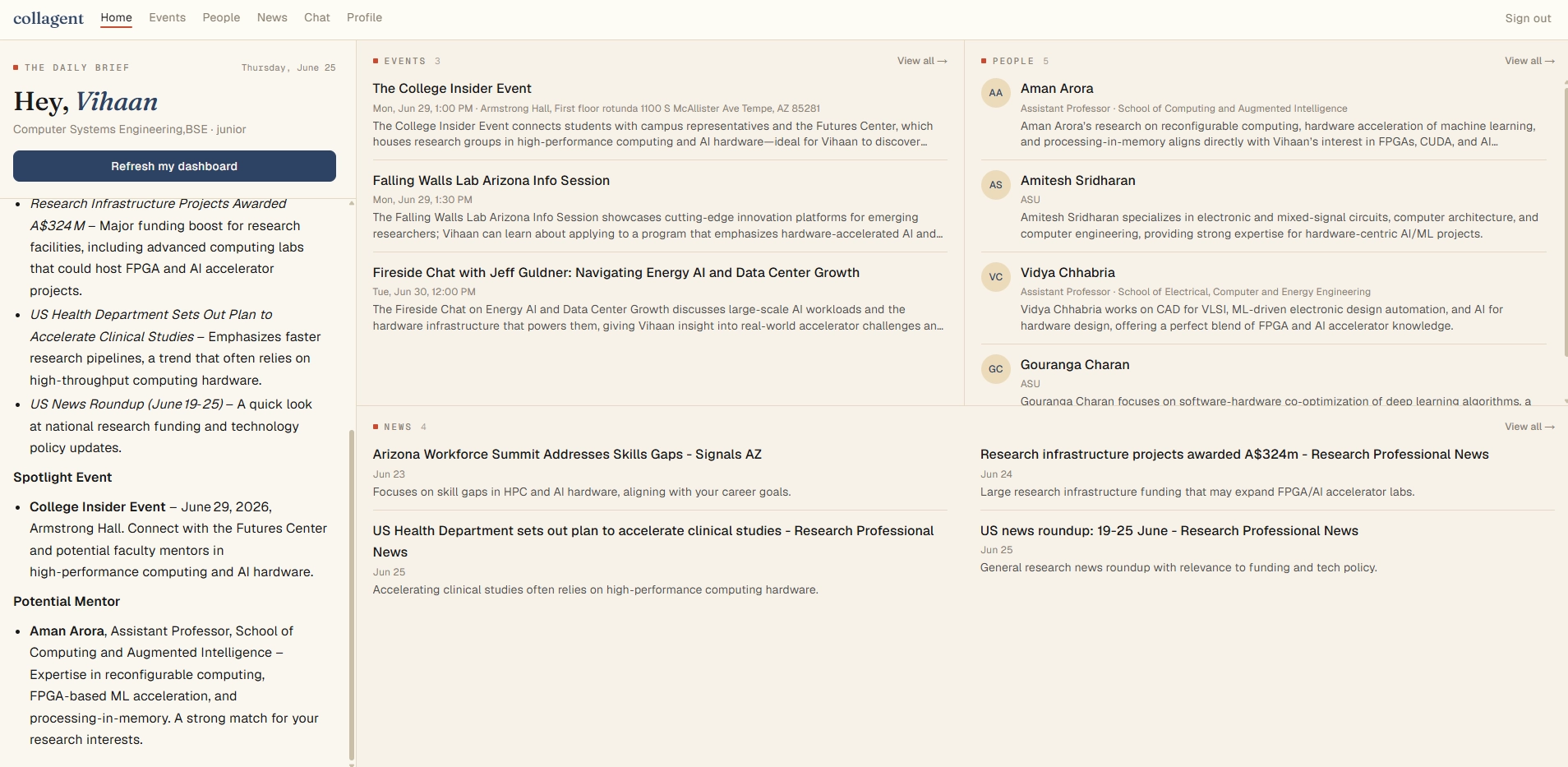 The Daily Brief dashboard, showing a personalized brief, events, people, and news