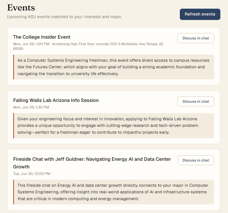 The events page with a personalized reason on each event