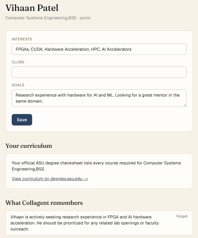 The profile page showing interests, goals, the curriculum, and what Collagent remembers